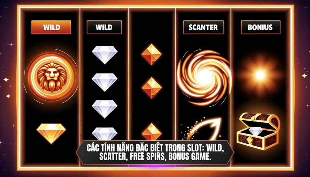 Các tính năng đặc biệt trong slot_ Wild, Scatter, Free Spins, Bonus Game.